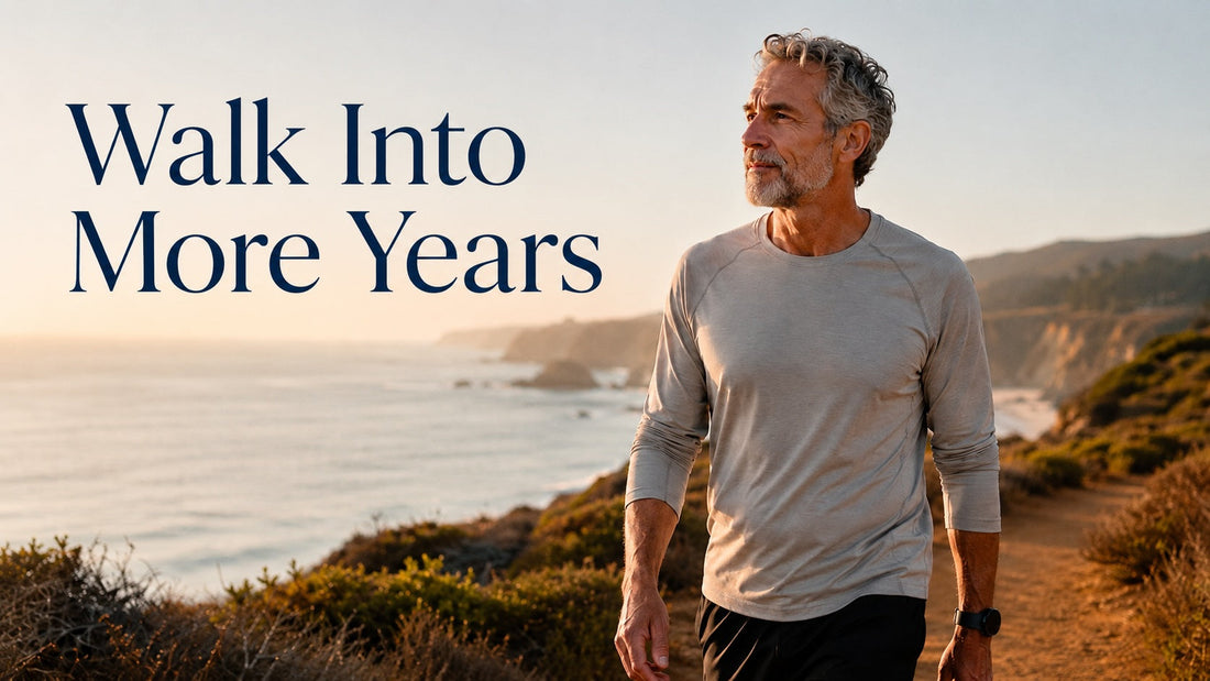 Healthy adult walking outdoors at sunrise representing healthy aging, active longevity, and long-term well-being.
