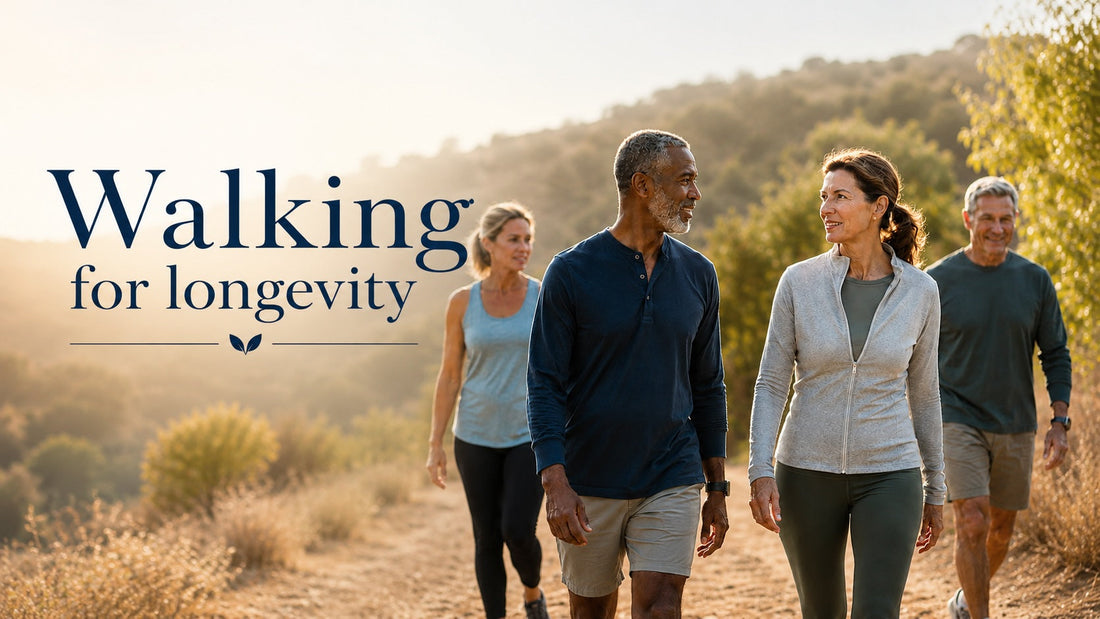 Healthy adults walking outdoors at sunrise as part of a longevity lifestyle focused on healthy aging and long-term wellness.