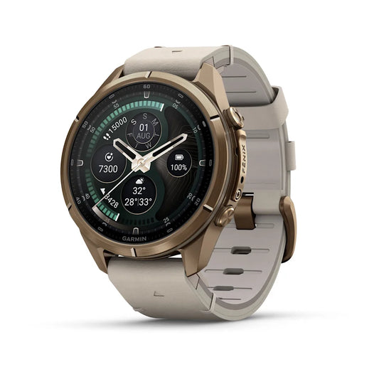 Garmin fēnix 9 Pro 43 mm inReach smartwatch in Autumn Gold titanium with Bone leather band, front view