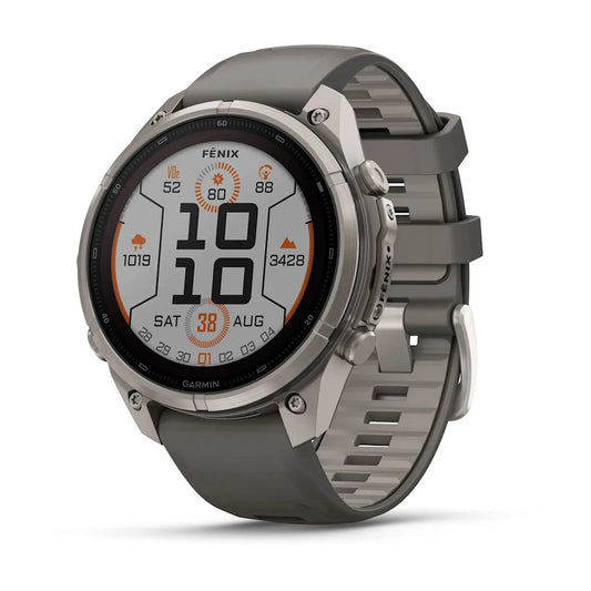 Garmin fēnix 9 Pro Solar 47 mm smartwatch in titanium with Gray silicone band, front view