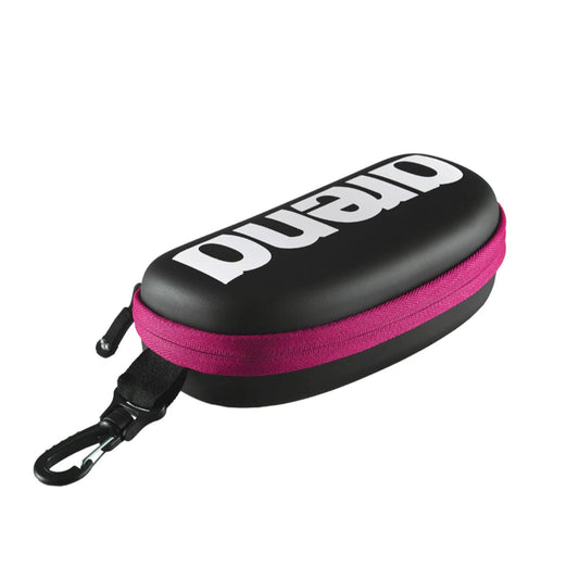 Arena Goggle Case in Black and Fuchsia (Model 1E048-509) for protecting and storing swimming goggles, durable and stylish.