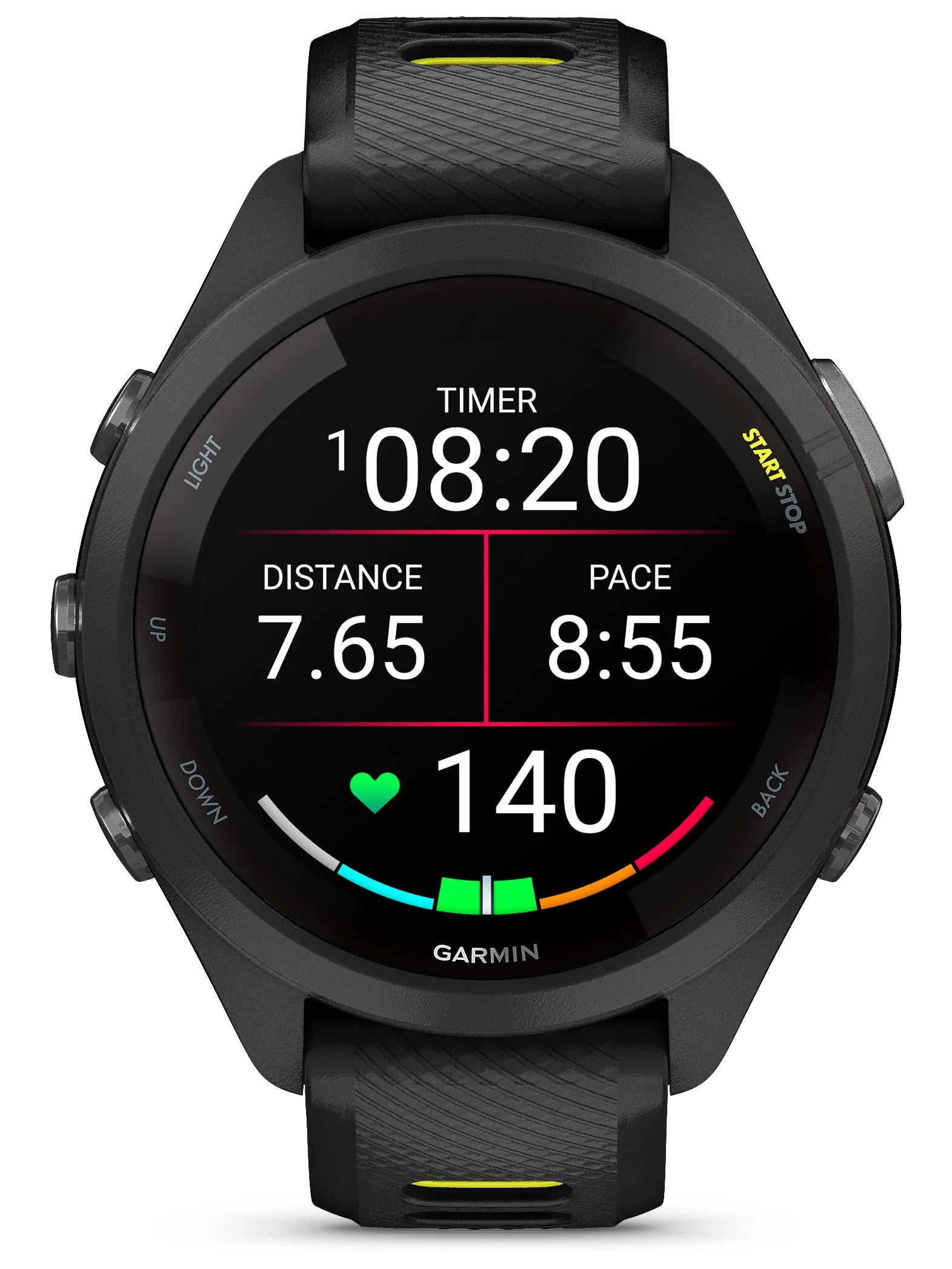 Forerunner_265S Black Bezel and Case with Black_Amp Yellow Silicone Band - Front 3