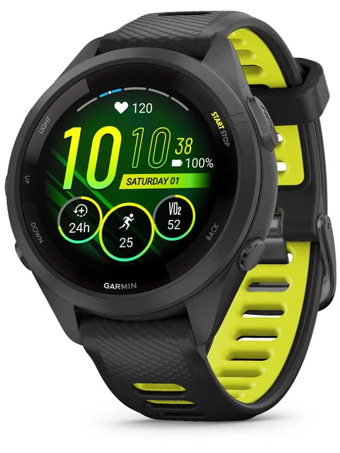 Forerunner_265S Black Bezel and Case with Black_Amp Yellow Silicone Band - Front turn right