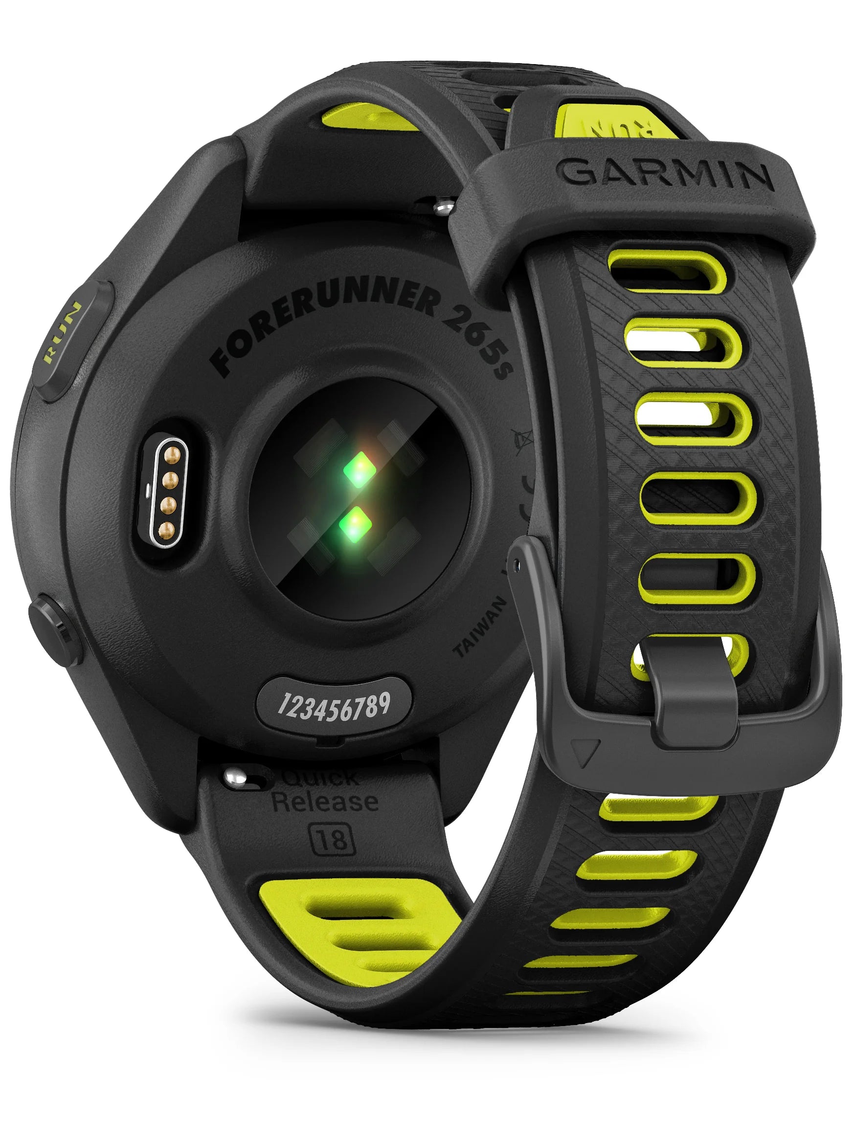 Forerunner_265S Black Bezel and Case with Black_Amp Yellow Silicone Band - Back turn left