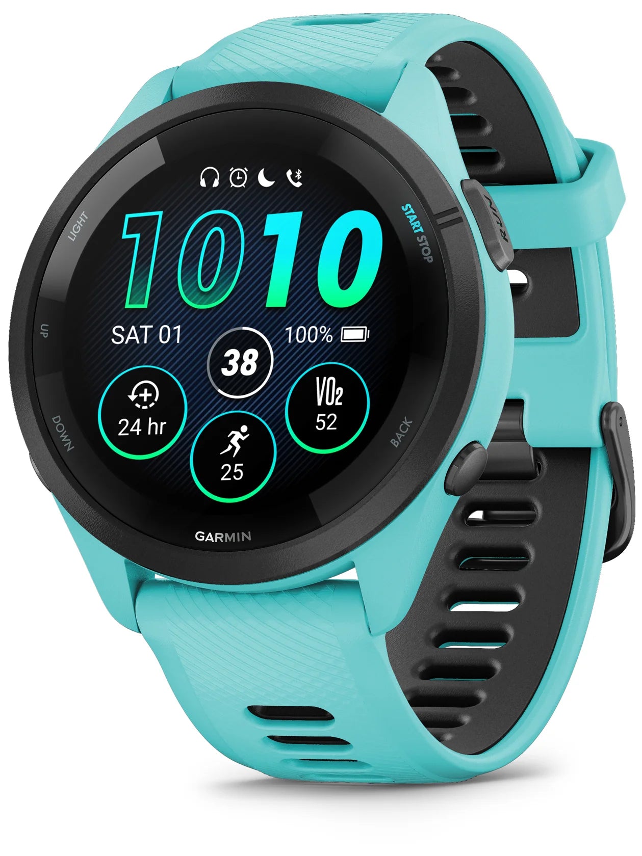 Garmin Forerunner 265 Black Bezel with Aqua Case and Aqua_Black Silicone Band - Front turn right
