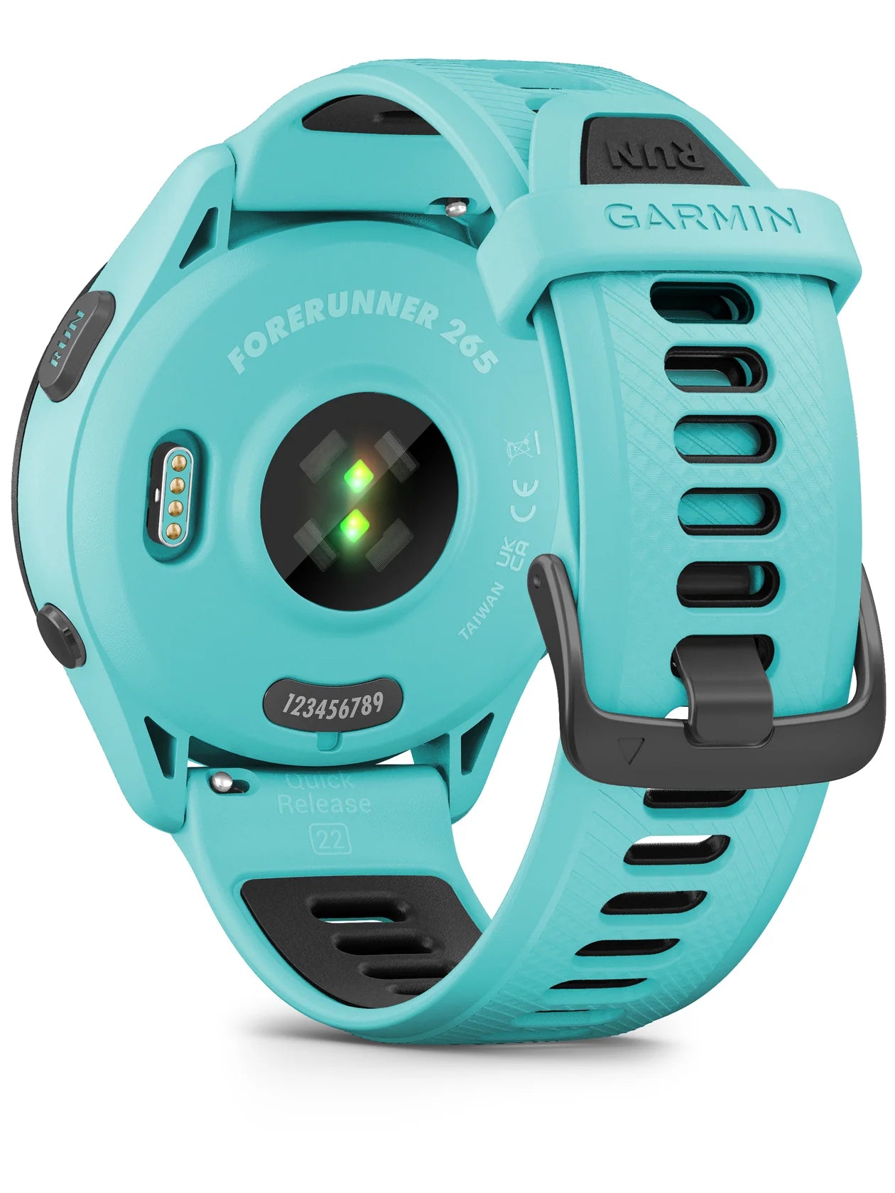 Garmin Forerunner 265 Black Bezel with Aqua Case and Aqua_Black Silicone Band - Back turn left