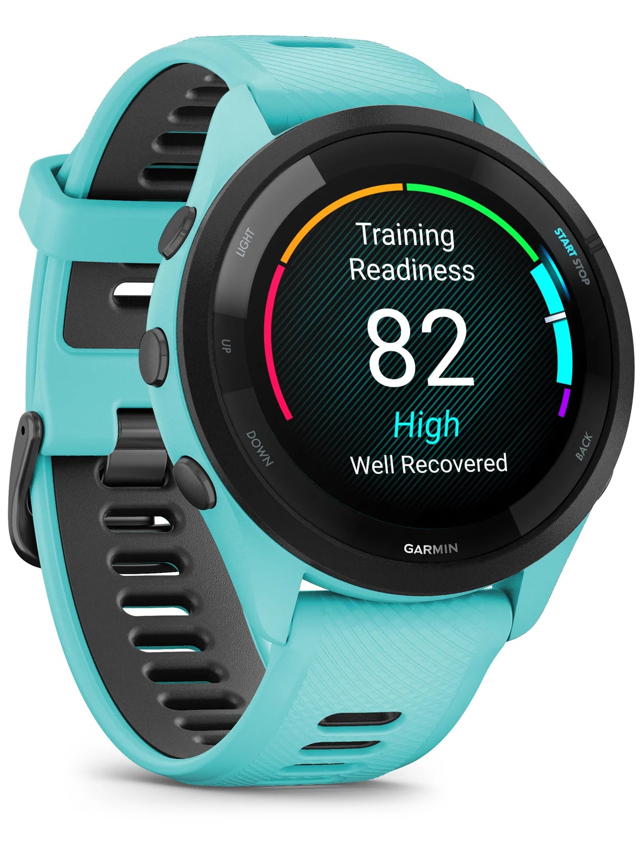 Garmin Forerunner 265 Black Bezel with Aqua Case and Aqua_Black Silicone Band - Front turn right