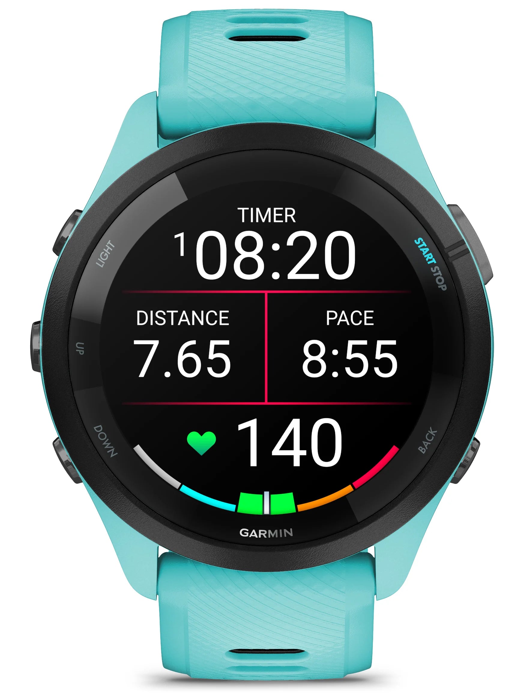 Garmin Forerunner 265 Black Bezel with Aqua Case and Aqua_Black Silicone Band - Front 3
