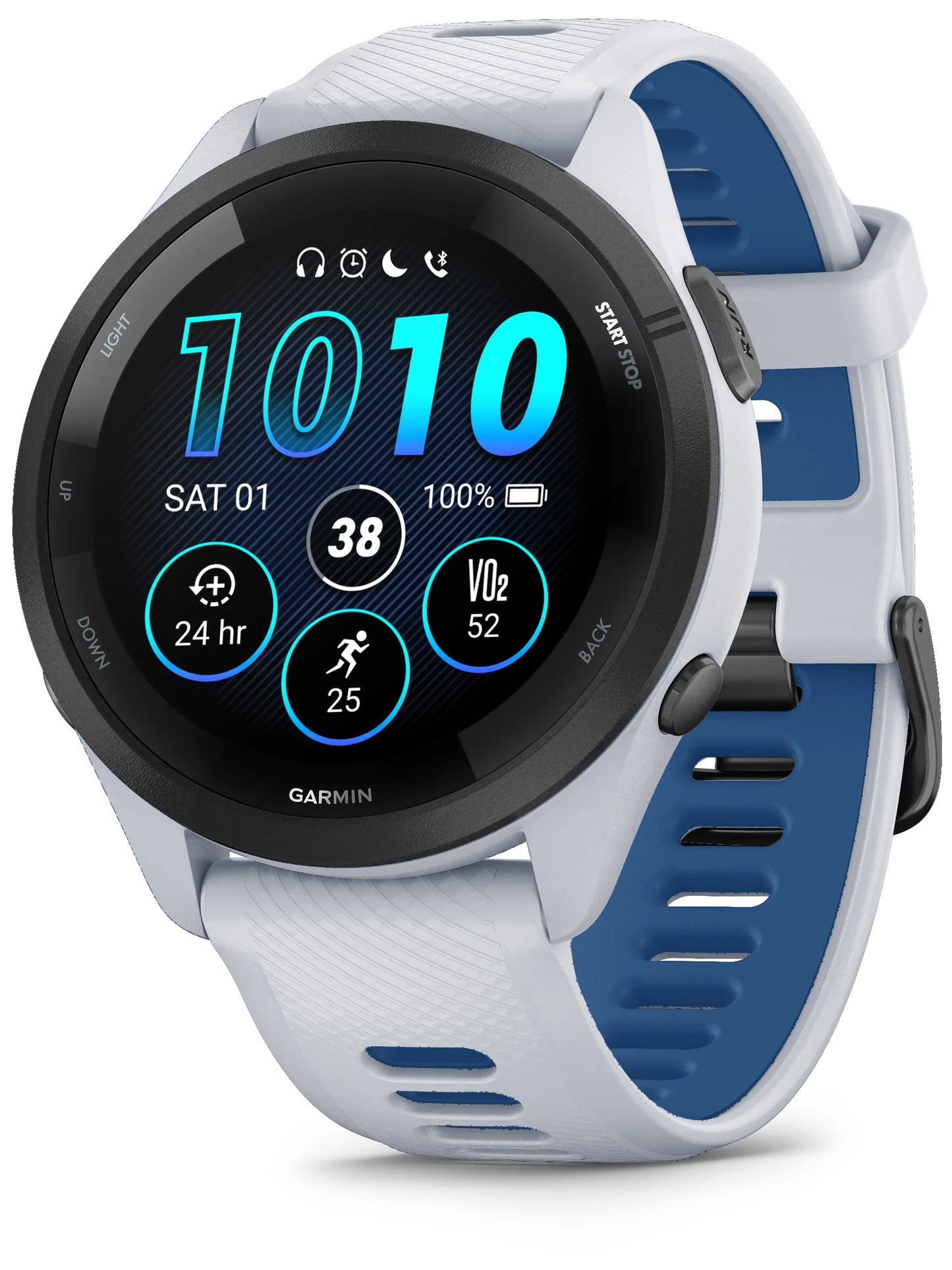 Garmin Forerunner 265 Black Bezel with Whitestone Case and Whitestone_Tidal Blue Silicone Band - Front turn right