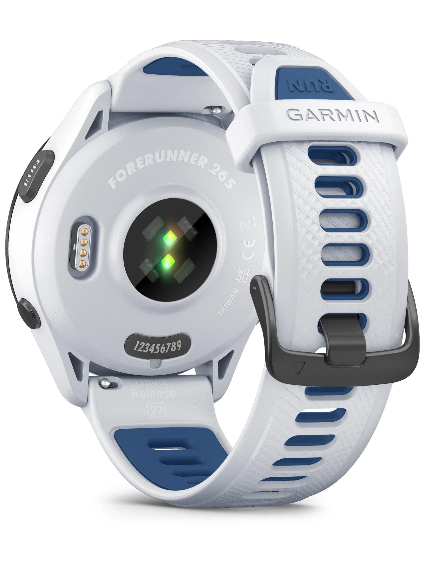 Garmin Forerunner 265 Black Bezel with Whitestone Case and Whitestone_Tidal Blue Silicone Band -Back turn left