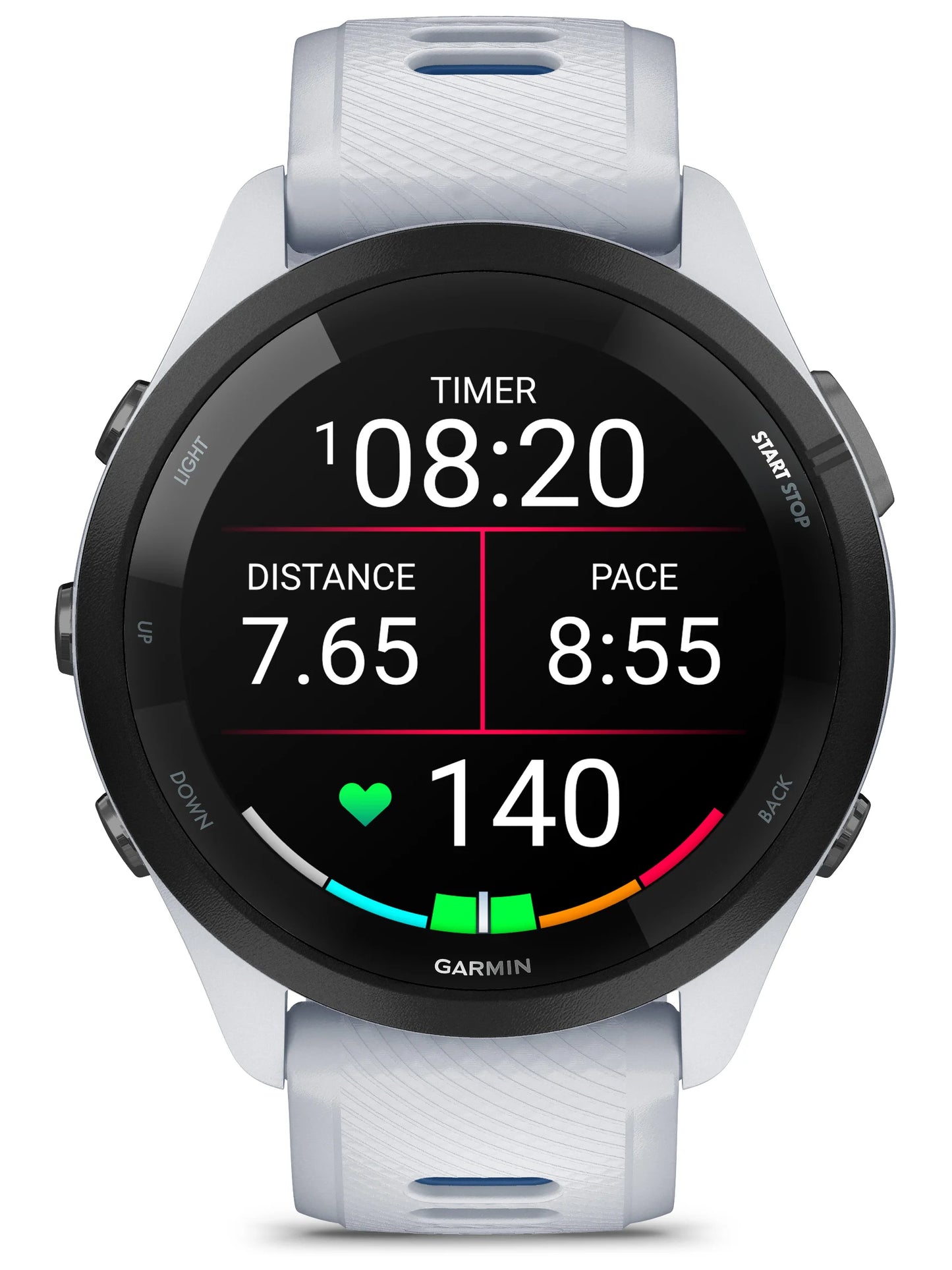 Garmin Forerunner 265 Black Bezel with Whitestone Case and Whitestone_Tidal Blue Silicone Band - Front 3