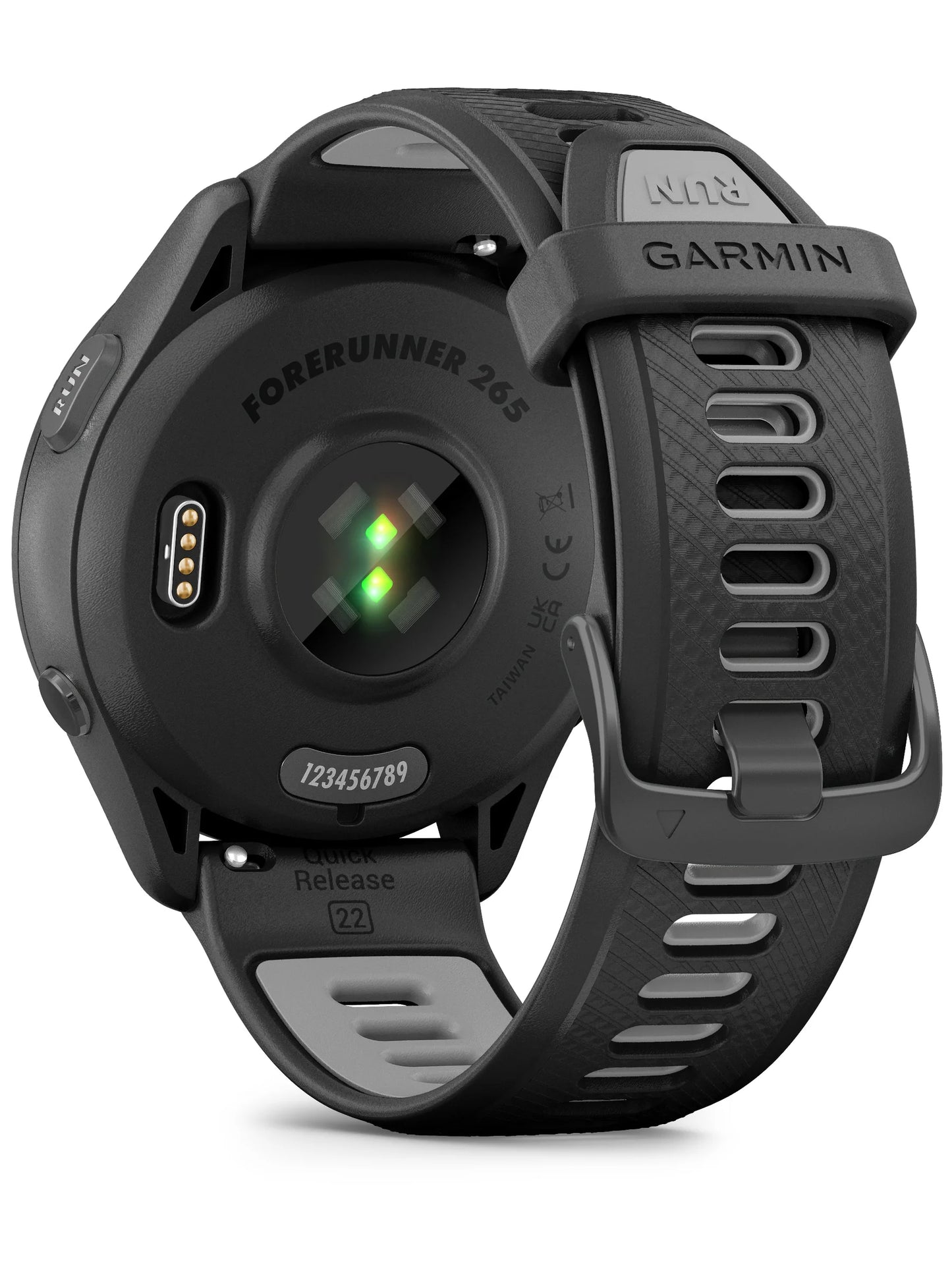 Garmin Forerunner 265 Black Bezeland Case with Black_Powder Gray Silicone Band - Back turn left