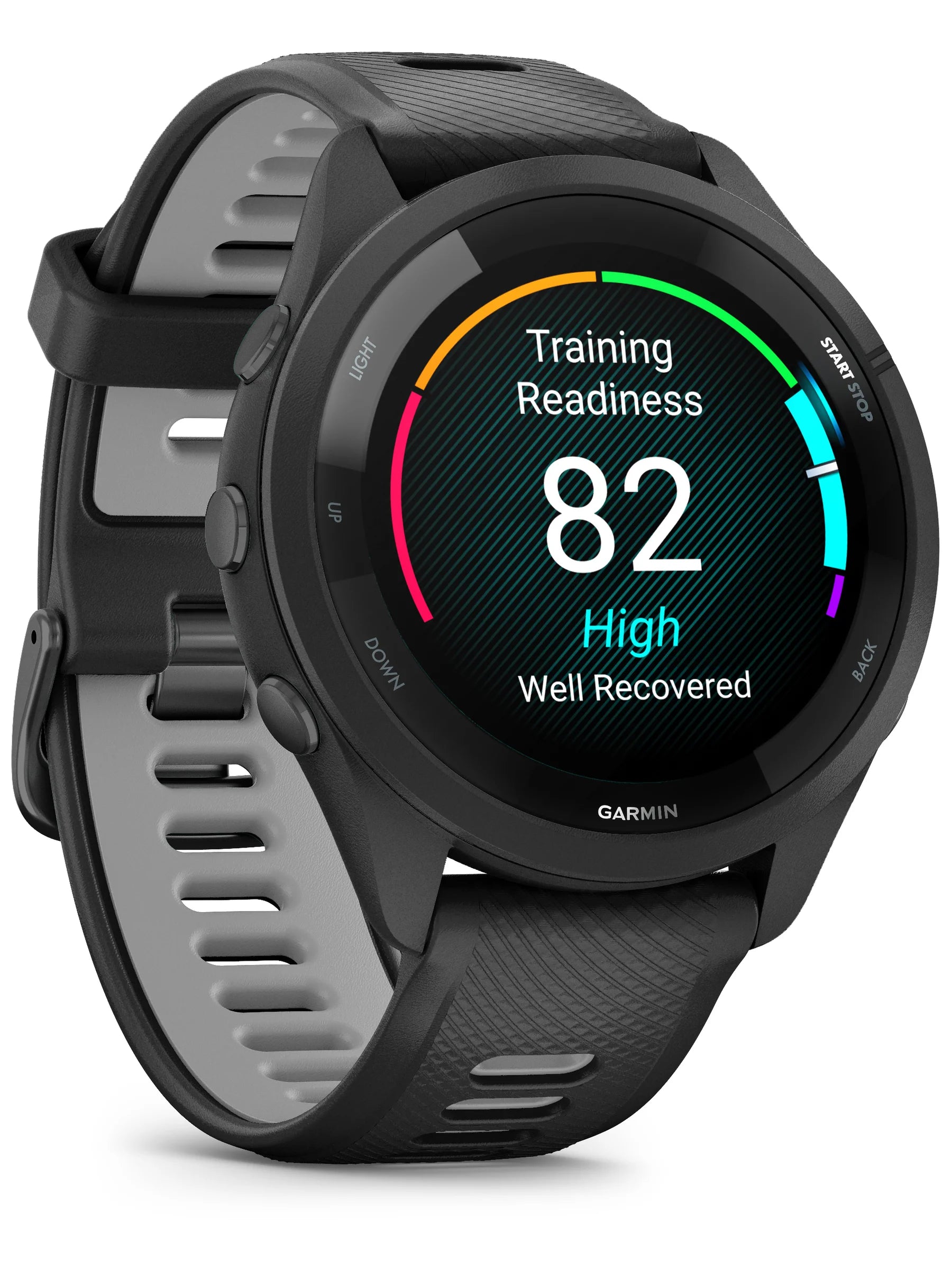 Garmin Forerunner 265 Black Bezeland Case with Black_Powder Gray Silicone Band - Front urn left