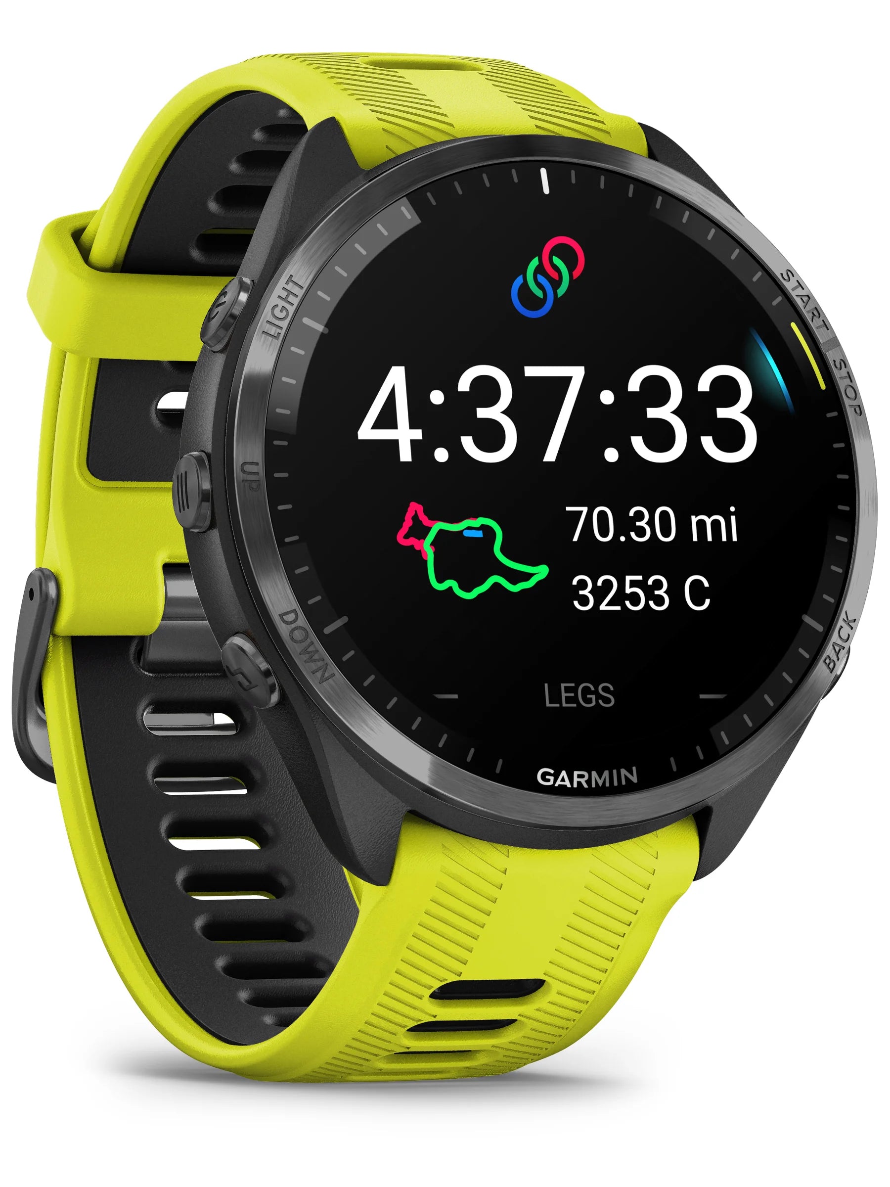 Garmin Forerunner 965 Carbon Gray DLC Titanium Bezel with Black Case and Amp Yellow_Black Silicone Band - Front turn left
