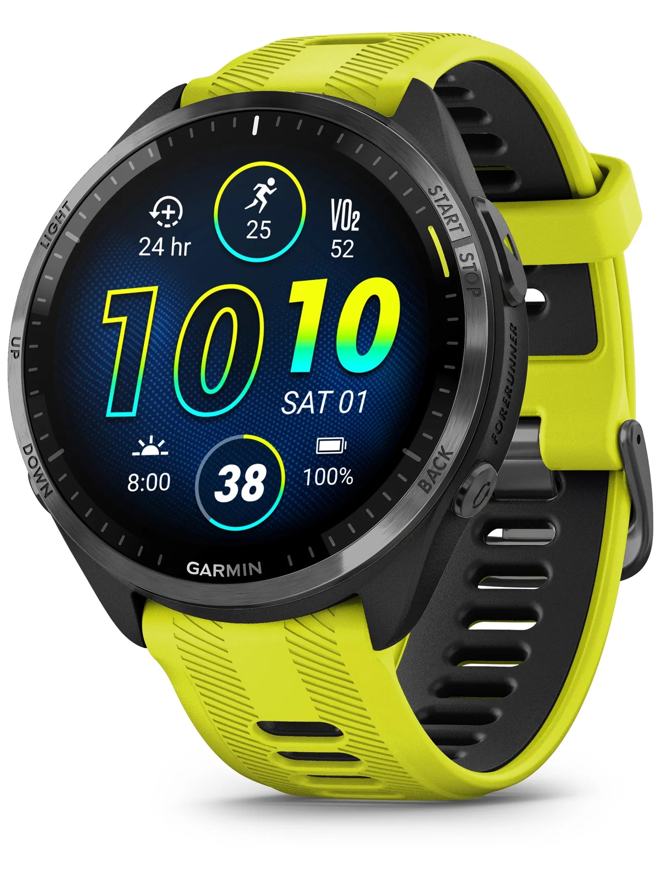 Garmin Forerunner 965 Carbon Gray DLC Titanium Bezel with Black Case and Amp Yellow_Black Silicone Band - Front turn right