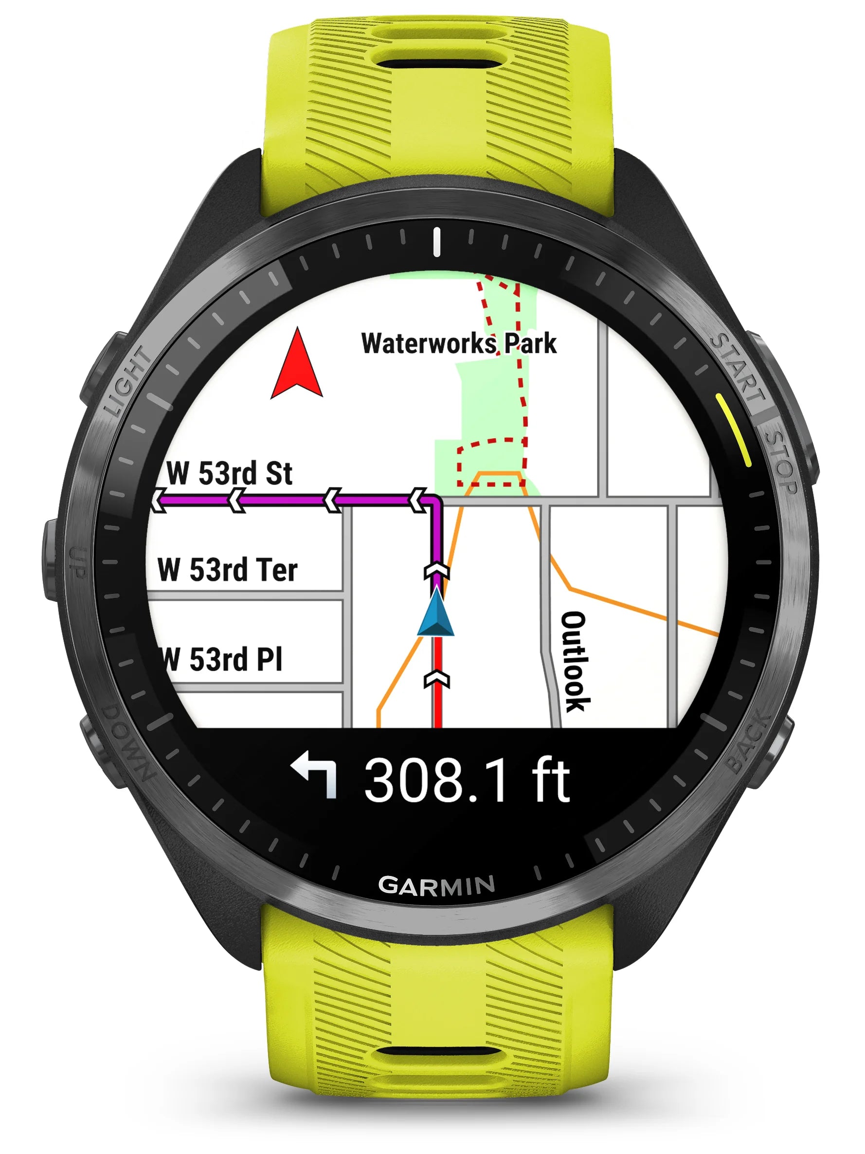 Garmin Forerunner 965 Carbon Gray DLC Titanium Bezel with Black Case and Amp Yellow_Black Silicone Band - Front 4