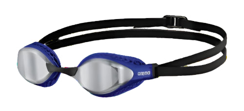 Blue Arena Air-Speed Mirror Goggles (Model 003151-103) for competitive swimming, providing enhanced visibility and performance Left side