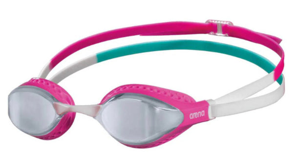 Pink Arena Air-Speed Mirror Goggles (Model 003151-105-001) for competitive swimming, providing enhanced visibility and performance