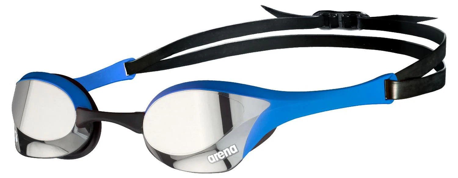 Arena Cobra Ultra Swipe Mirror Goggles in Blue (Model 002507-570) for competitive swimming, featuring advanced anti-fog technology and superior clarity