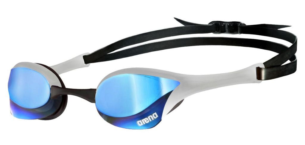 Arena Cobra Ultra Swipe Mirror Goggles in Silver and Blue (Model 002507-600) for competitive swimming, featuring advanced anti-fog technology and superior clarity.