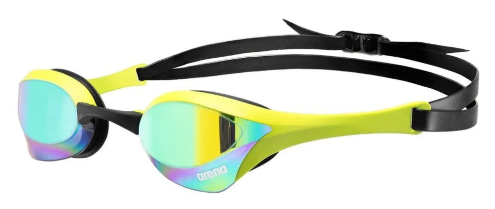 "Arena Cobra Ultra Swipe Mirror Goggles in Yellow (Model 002507-110-001) for competitive swimming, featuring advanced anti-fog technology and superior clarity.