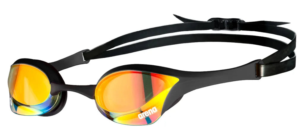 Arena Cobra Ultra Swipe Mirror Goggles in Black and Orange (Model 002507-350) for competitive swimming, featuring advanced anti-fog technology and superior clarity.