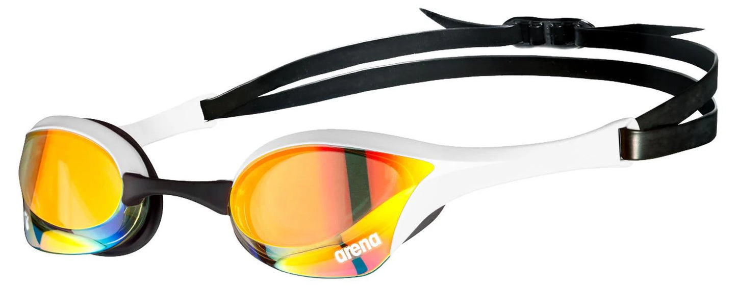 Arena Cobra Ultra Swipe Mirror Goggles in White (Model 002507-310) for competitive swimming, featuring advanced anti-fog technology and superior clarity