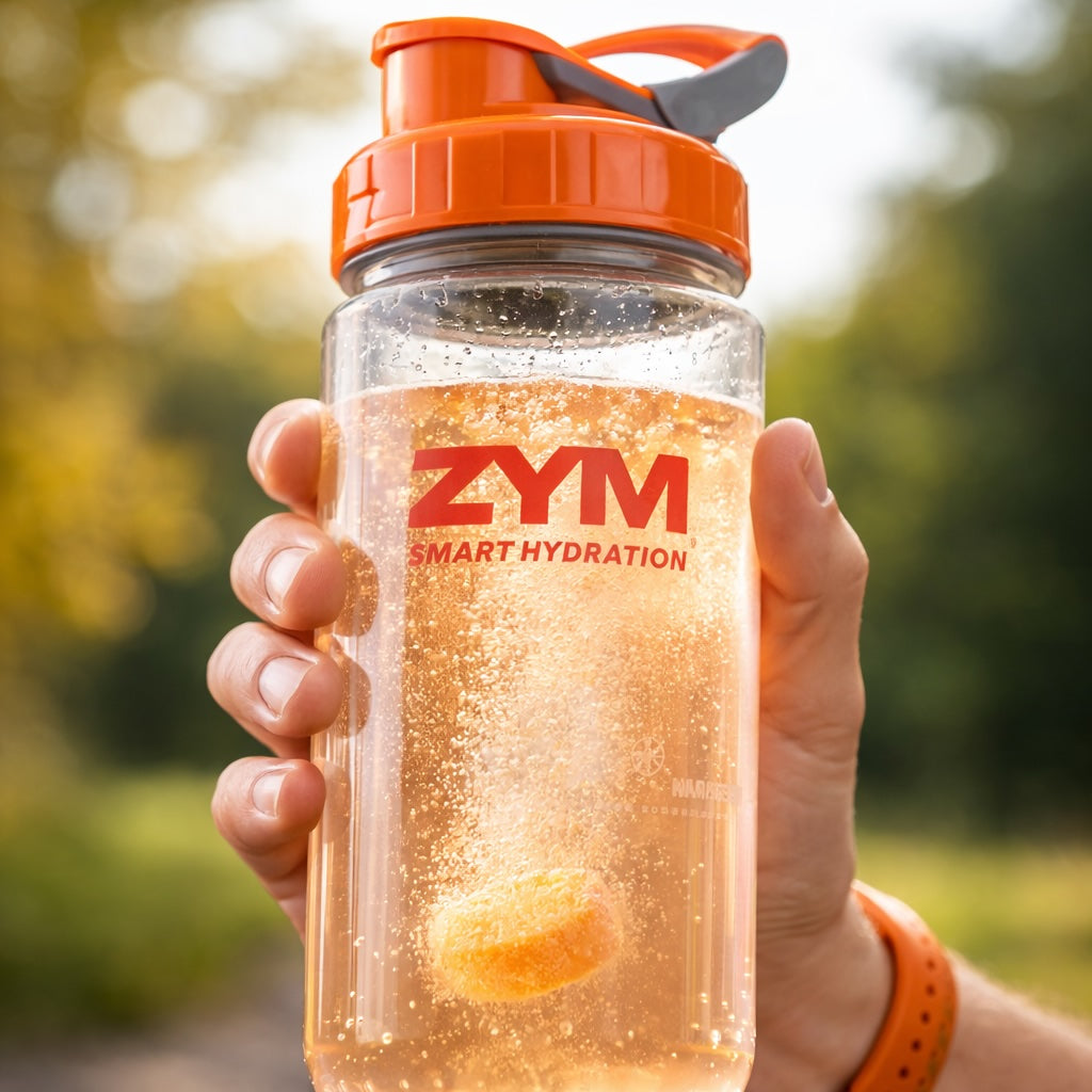 athlete holding bottle with dissolving electrolyte tablet for hydration during training
