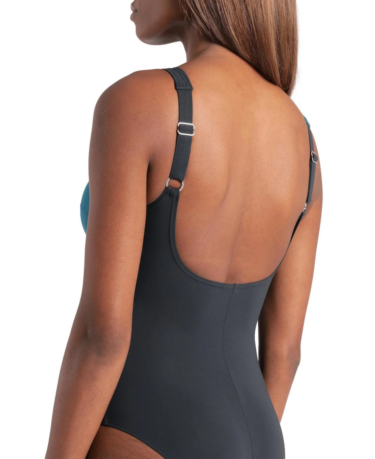 Arena Women Swimsuit Liliana U Back - Night Grey-Green Blue - back turn right closeup