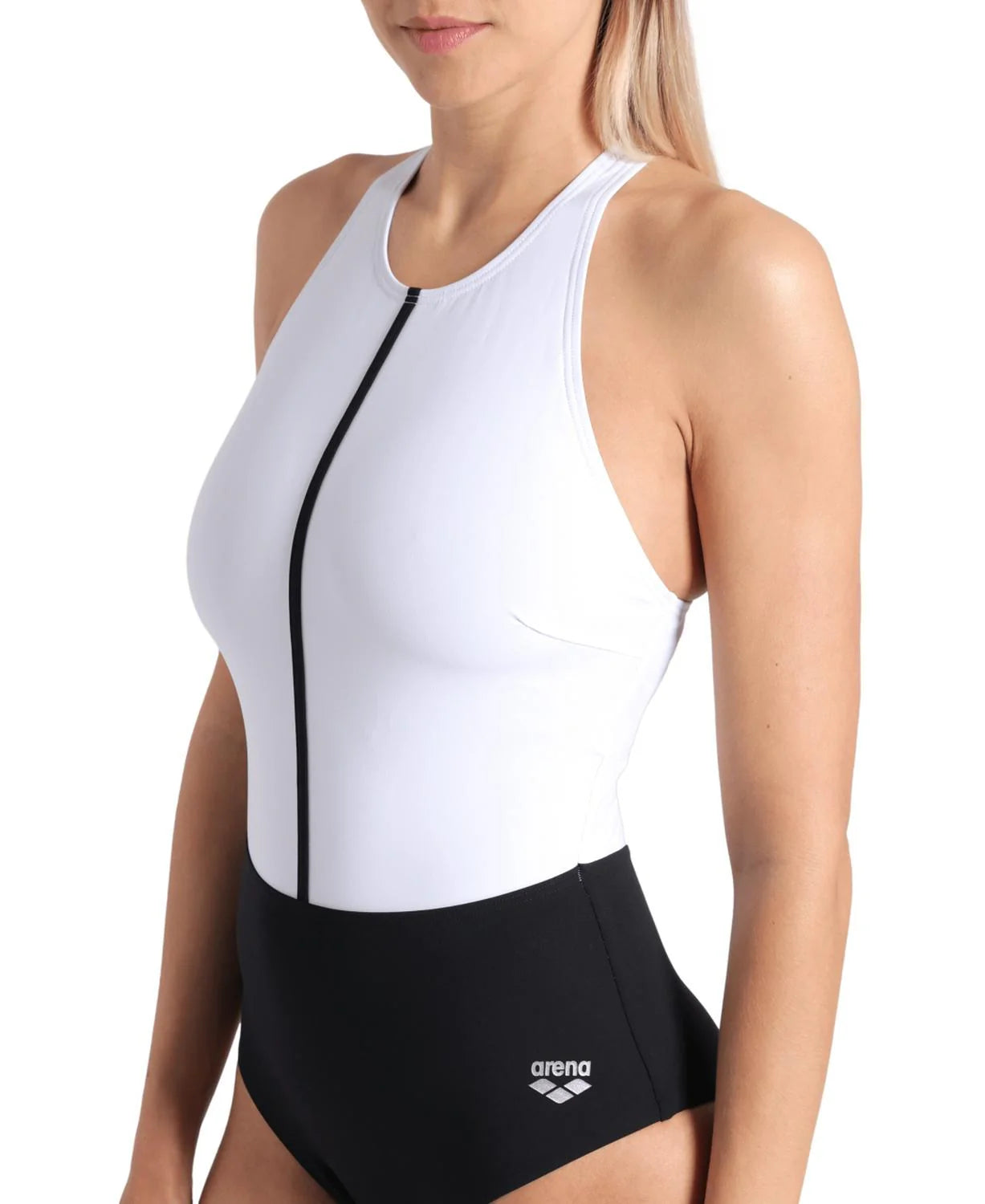 Arena Women Swimsuit Silvia cross back - Black-White-Black - Front turn right closeup